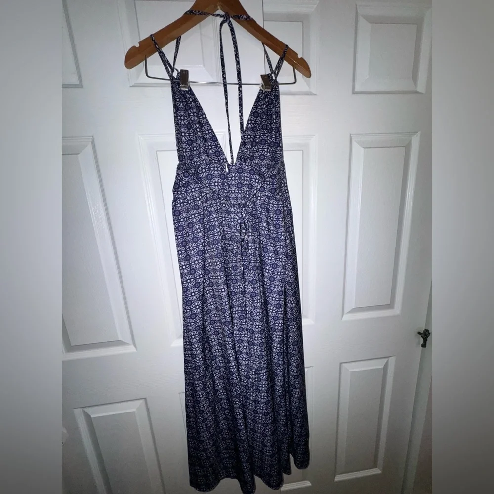 Evil Eye Navy Blue Boho Halter Maxi Dress | Deep V Neck | Tie Back | Size Small - Picture 4 of 6